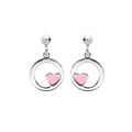 Boucles d'oreille pendantes en argent rhodi&eacute; anneau suspendu avec coeur rose et fermoir poussette