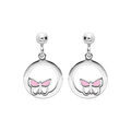 Boucles d'oreille pendantes en argent rhodi&eacute; anneau suspendu avec papillon rose et fermoir poussette