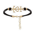Bracelet en argent rhodi&eacute; cordon doubl&eacute; noir avec croix camarguaise en dorure jaune 16+3cm - Symbole de la Camargue