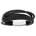 Bracelet en acier et cuir noir lisses et tress&eacute;s avec boules pierre de lave double fermoir 20cm Artemare