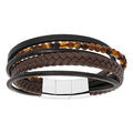 Bracelet en acier et cuir tons marron et noir avec boules Oeil de Tigre double fermoir 20cm Artemare