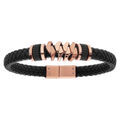 Bracelet en acier et cuir noir tress&eacute; et fantaisie dorure rose 20,5cm