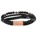 Bracelet en acier et PVD rose multi fils cuir bovin noir et boules pierre de lave 20,5cm