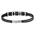 Bracelet en acier et cuir tress&eacute; noir avec grosses perles noires 20cm Artemare