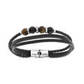 Bracelet en acier et cuir noir 3 bracelets avec perles Oeil de Tigre et boules noires 21cm r&eacute;glable