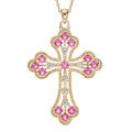 Collier en plaqu&eacute; or cha&icirc;ne avec pendentif croix empierr&eacute;e rose 40+5cm Artemare
