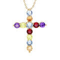 Colliers sur Artemare : Collier en plaqu&eacute; or cha&icirc;ne avec pendentif croix empierr&eacute; rond multicolore 40+5cm