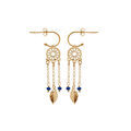 Boucles d'oreille en argent et dorure jaune demi-cr&eacute;ole attrape r&ecirc;ve suspendu et boules bleu fonc&eacute; et fermoir poussette