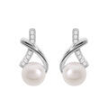 Boucles d'oreille sur Artemare : Boucles d'oreille en argent rhodi&eacute; perle de culture d'eau douce blanche et oxydes blancs sertis et fermoir poussette