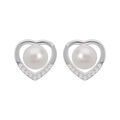 Boucles d'oreille en argent rhodi&eacute; coeur avec perle de culture d'eau douce blanche et oxydes blancs sertis et fermoir poussette Artemare