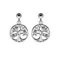 Boucles d'oreille en argent rhodi&eacute; arbre de vie suspendu oxydes blancs sertis et fermoir poussette