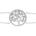 Bracelet en argent rhodi&eacute; double cha&icirc;ne avec pastille arbre de vie oxydes blancs et contour oxydes blancs sertis 18cm r&eacute;glable 17 et 16