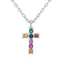 Collier en argent rhodi&eacute; cha&icirc;ne avec pendentif croix empierr&eacute;e multi couleurs 40+4cm