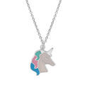 Collier en argent rhodi&eacute; cha&icirc;ne avec pendentif licorne blanche et pastel 35+5cm