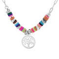 Collier en argent rhodi&eacute; avec perles cocktail de couleurs et pastille arbre de vie 40+5cm Artemare
