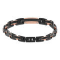 Bracelet en acier et PVD noir et rose avec plaque et pierres noires 20+1cm r&eacute;glable