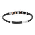 Bracelet en acier et cuir noir perles avec motifs en PVD noir et rose 21,5cm r&eacute;glable 19cm