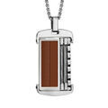 Collier en acier cha&icirc;ne boule avec pendentif aspect bois et c&acirc;ble gris 50+5cm