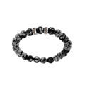 Bracelet extensible en argent platin&eacute; avec boules Obsidienne gris v&eacute;ritable et 2 charms &agrave; graver