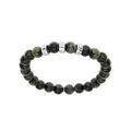 Bracelet extensible en argent platin&eacute; avec boules Rhyolite vert v&eacute;ritable et 3 charms &agrave; graver Artemare