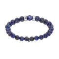 Bracelet extensible en argent platin&eacute; avec boules Lapis Lazuli bleu v&eacute;ritable et 2 charms &agrave; graver