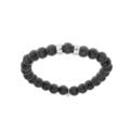 Bracelet extensible en argent platin&eacute; avec boules Pierre de lave noir mat v&eacute;ritable et 2 charms &agrave; graver