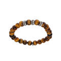 Bracelets sur Artemare : Bracelet extensible en argent platin&eacute; avec boules Oeil de tigre marron v&eacute;ritable et 3 charms &agrave; graver