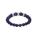 Bracelet extensible en argent platin&eacute; avec boules Oeil de tigre bleu v&eacute;ritable et 3 charms &agrave; graver