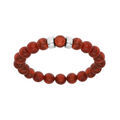 Bracelet extensible en argent platin&eacute; avec boules Corail v&eacute;ritable et 2 charms &agrave; graver