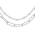 Collier en argent rhodi&eacute; cha&icirc;ne double maille rectangulaire et perles blanches de synth&egrave;se 40+5cm