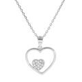 Collier en argent rhodi&eacute; cha&icirc;ne avec pendentif coeur &eacute;vid&eacute; avec petit coeur oxydes blancs sertis 40+5cm
