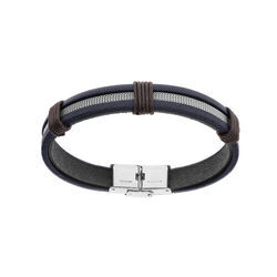 Bracelet en acier et cuir bleu et marron 20cm r&eacute;glable