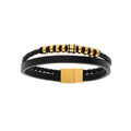 Bracelets sur Artemare : Bracelet en acier et cuir bovin 2 rangs avec tresse noire et PVD dor&eacute; - double fermoir 20cm +1cm