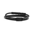 Bracelet en acier et cuir bovin 2 rangs avec tresse et PVD noirs - double fermoir 19cm +1cm