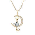 Collier en plaqu&eacute; or cha&icirc;ne avec pendentif demi lune et chat oxyde bleu 40+5cm Artemare