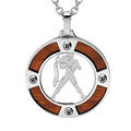 Collier en acier cha&icirc;ne avec pendentif rond zodiaque Verseau aspect bois clair et vis cruciforme 50+5cm