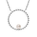 Collier en acier cha&icirc;ne avec pendentif rond boule avec perle de synth&egrave;se blanche 45+5cm