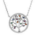 Collier en argent rhodi&eacute; cha&icirc;ne avec arbre de vie multicouleurs et contour oxydes blancs sertis 39+4cm