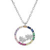 Collier en argent rhodi&eacute; cha&icirc;ne avec cercle de pierres multicouleurs et papillons oxydes blancs sertis 41+2,5cm