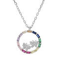 Collier en argent rhodi&eacute; cha&icirc;ne avec cercle de pierres multicouleurs et papillons oxydes blancs sertis 41+2,5cm Artemare