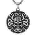 Collier en acier cha&icirc;ne avec gros pendentif patin&eacute; rond Viking 45mm t&ecirc;te de mort 52+5cm
