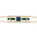 Bracelet en plaqu&eacute; or g&eacute;ometrique verre bleu fonc&eacute; et vert contour oxydes blancs sertis 16+3cm