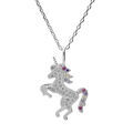 Coller argent rhodi&eacute; pendentif massif cha&icirc;ne avec pendentif licorne oxydes multi couleurs sertis 38+5cm