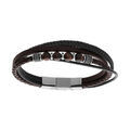 Bracelet en acier multi fils cuir marron et noir boules Oeil de tigre v&eacute;ritable 19cm+1cm double fermoir
