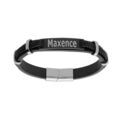 Bracelet en acier et cuir bovin noir avec plaque &agrave; graver - 19cm+1cm double fermoir