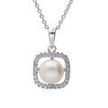 Collier en argent rhodi&eacute; cha&icirc;ne avec pendentif carr&eacute; oxydes blancs et Perle de culture d'eau douce blanche 40+4cm