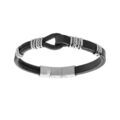 Bracelet en acier et cuir noir boucle sur le dessus et &eacute;l&eacute;ments torsad&eacute;s 20cm + 1cm double fermoir Artemare