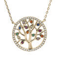 Collier en plaqu&eacute; or avec pendentif arbre de vie oxydes multi couleurs et contour oxydes blancs sertis 40+3cm Artemare