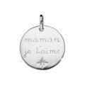 Pendentif en argent rhodi&eacute; pastille "maman je t'aime" &eacute;toile et 1 oxyde blanc serti
