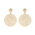 Boucles d'oreille en argent et dorure jaune anneau suspendu ajour&eacute;e 15mm motif feuillage stylis&eacute; et fermoir poussette